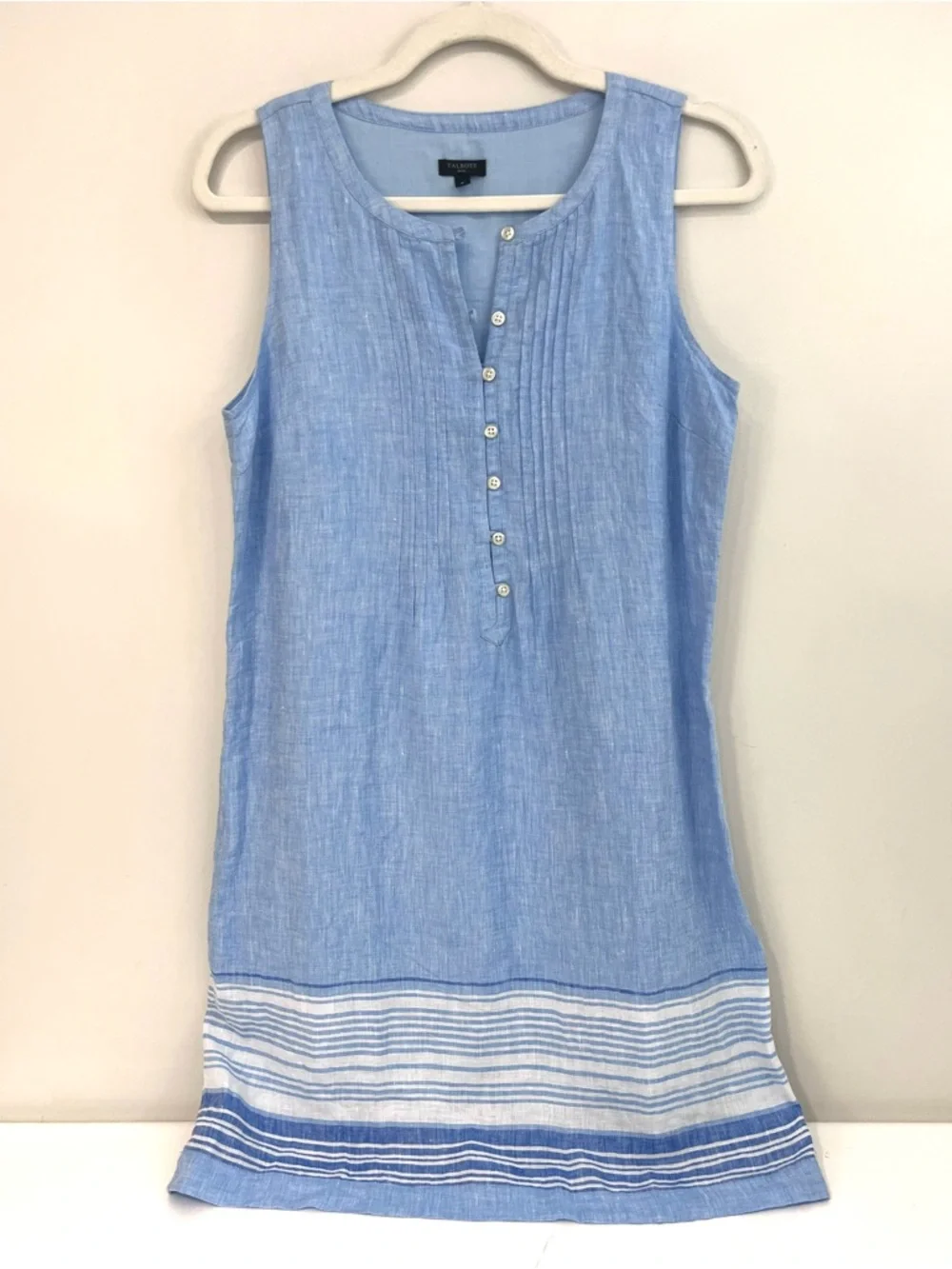 Talbots Petite  Dress Blue Linen Striped Hem Pintuck Sleeveless Shift 4P - Picture 3 of 8